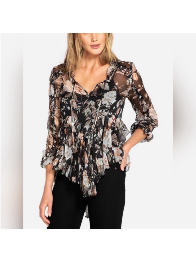 Johnny Was Love Women's Top Semi Sheer Blouse Tunic Asymmetrical Silk Boho Large